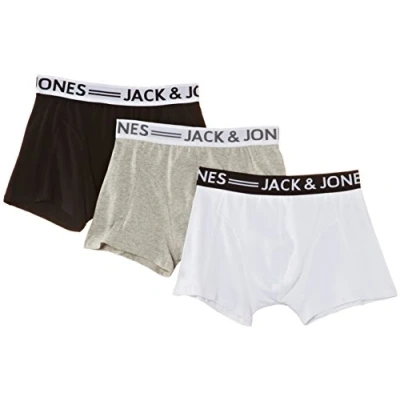 Image of Jack &amp; Jones Men&#039;s Sense Trunks 3 Pack Boxer Shorts, Black/White/Grey, S (Pack of 3)