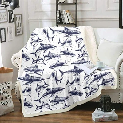 Image of Cartoon Shark Throw Blanket Marine Life Ocean Theme for Kids Boys Girls Teens Underwater Animal Fleece Blankets Creature Sealife Plush Room Decor Fuzzy Double 60&quot;x79&quot;