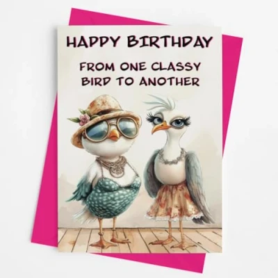 Image of From One Classy Bird to Another Happy Birthday Funny Greetings Card Includes Pink Envelope