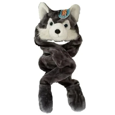 Image of Drew Brady Kids Faux Fur Animal Head Long Trapper hat Hood Scarf Snood with Built in Mitten Covers (Wolf/Husky Dog), 4 13 Years