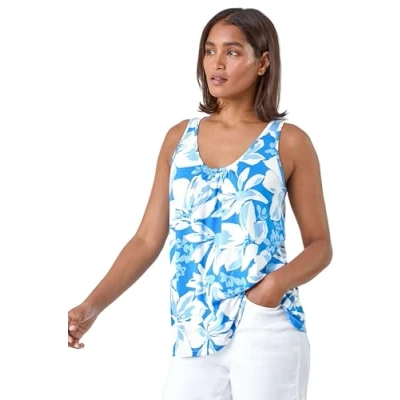 Image of Roman Originals Vest Top for Women UK Ladies Tank Tops Tunic Summer Blouse Cami Camisole V Neck Stretch Jersey Casual Sleeveless Beach Party Lounge Holiday Work Soft Spring Blue Size 20