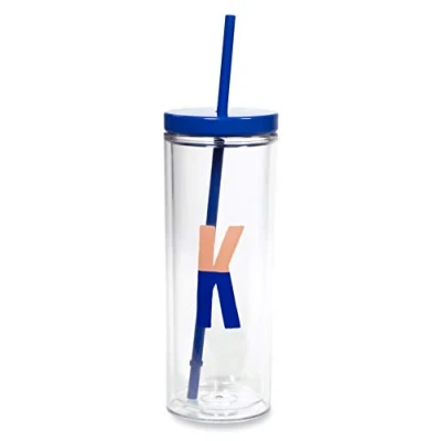 Image of Kate Spade New York Insulated Initial Tumbler with Reusable Straw, 20 Ounce Acrylic Travel Cup Lid, K (Blue)
