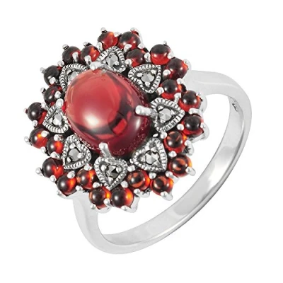 Image of Esse Marcasite Sterling Silver Cabochon Cut Garnet &amp; Hearts Dress Ring Size M