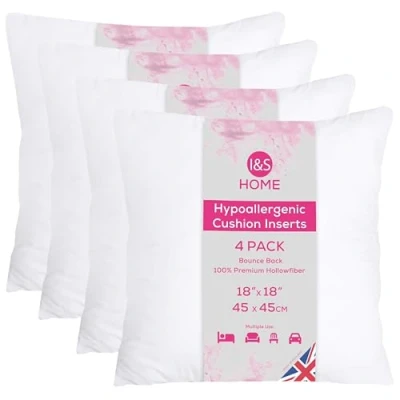 Image of I&amp;S Home Cushion Inserts 45cm x (18&quot;x18&quot;) Inner Pads Hollowfibre Square Pillow Bounce Back Polyester Scatter Cushions Hypoallergenic for Sofa and Couch Pack of 4