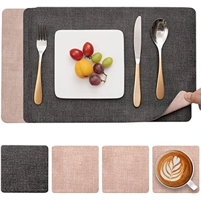 Image of Myir JUN Placemats and Coasters Set of 4, Place Mats Dual Sided Faux Leather Table PU Indoor Outdoor Heat Resistant Placemat Square Non Slip Wipeable Washable Dining Restaurant