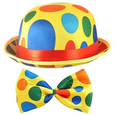 Image of labreeze Polka Dot Clown Bowler Hat Bow Tie Adults Circus Tumble Novelty Fancy Dress