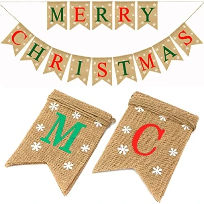 Image of G2PLUS Merry Christmas Burlap Bunting Banner, 4.8M Banner with Snowflake, Vintage Chirstmas Garland 14 Flag Pennants, Rustic Hessian for Decoration