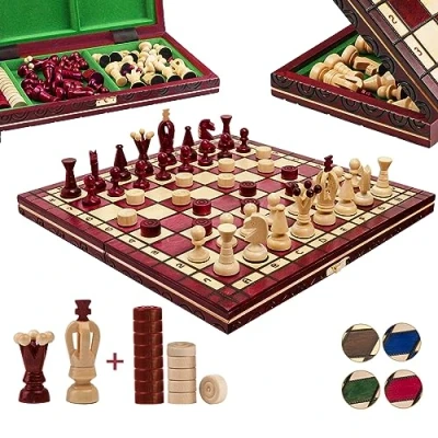 Image of GREAT KINGDOM Chess and Checkers Set Master of Red Board 35cm For Adults Kids Handmade Portable Drafts/Draughts