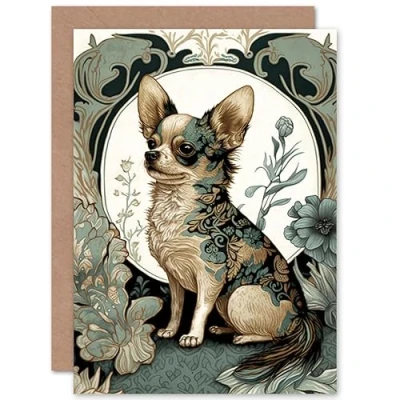 Image of Artery8 Chihuahua Dog With Floral Pattern Fur Coat Modern Art Nouveau Portrait Illustration Birthday Sealed Greeting Card Plus Envelope Blank inside