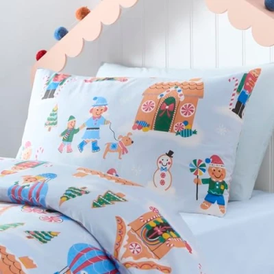 Image of Happy Linen Company Girls Boys Kids Gingerbread Village Christmas Blue Standard Extra Pair Of Pillow Cases