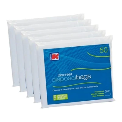 Image of Kordis Large Adult Incontinence Disposal Bags 5 x 50 Bags. Fragranced Nappy Sacks With Tie Handles Disposable &amp; Discreet. Hygienic Waste Of Pads. 250 Bag Count 32 42cm
