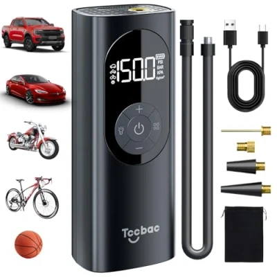 Image of Tccbac Car Tyre Inflator Air Compressor 6000mAh Portable Cordless Electric Bike Pump Digital Display with 4 Nozzle Adaptors and LED Light for Motorcycle Bicycle Balls,150PSI Auto Off