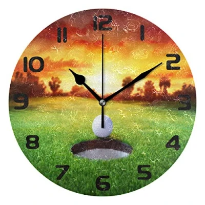 Image of Hunihuni Wall Clock Golf Ball Sunset Hole Silent Non ticking for Bedroom Living Room Home Office Decor