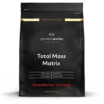 Image of Protein Works Total Mass Matrix Gainer High Calorie Powder Building Shake Weight 16 Servings Strawberries &#039;n&#039; Cream 2kg