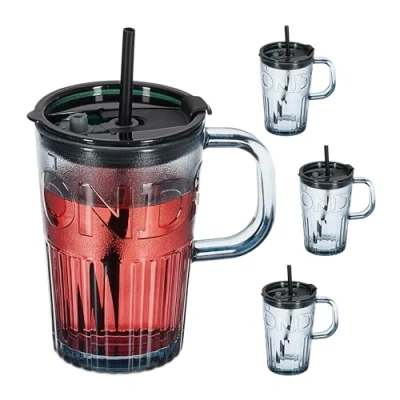 Image of Set of 4 Glass Cups, Drinking Glasses with Lid &amp; Straw Handle, Vol. 450 ml, Grey, Transparent Relaxdays