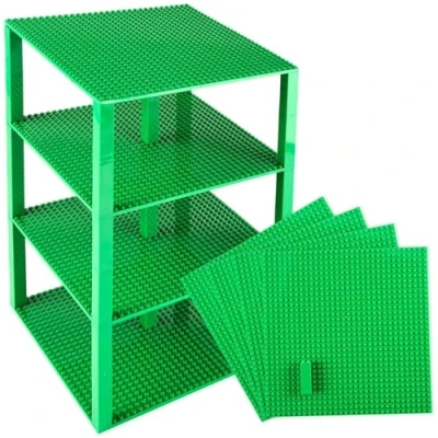 Image of Premium Green Stackable Base Plates 4 Pack 10&quot; x Baseplate Bundle with 60 Bonus Building Bricks (LEGO Compatible) Tower Construction