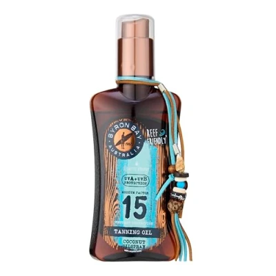 Image of Byron Bay Australia Fast Bronzing Tanning Oil SPF 15 Spray UVA &amp; UVB Instant Protection, Non Greasy, Water Resistant with Vitamin E Aloe Vera, Coconut Scent 200ml