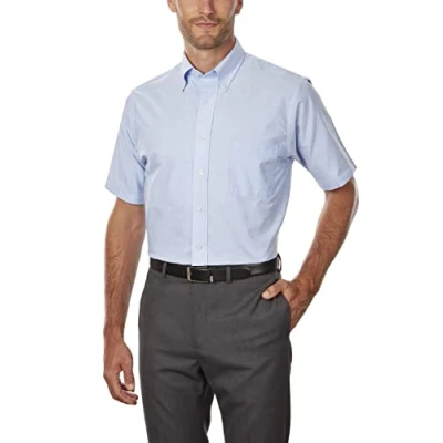 Image of Van Heusen Men&#039;s Short Sleeve Dress Shirt Regular Fit Oxford Solid, Blue, 17.5&quot; 18&quot; Neck