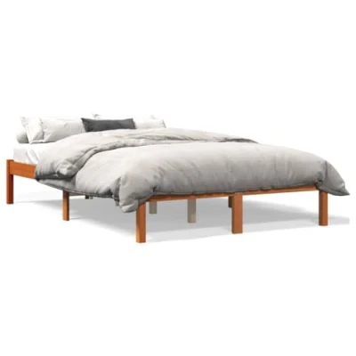 Image of vidaXL Double Bed Frame with Drawers Solid Pinewood, Wax Brown, 135x190 cm Storage Shelves &amp; Freestanding Headboard