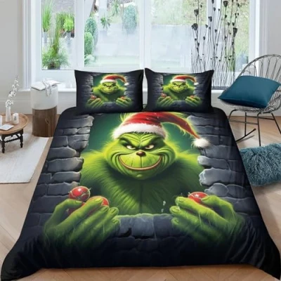 Image of SAYOBO Christmas Grinch Quilt Cover 3D Print Comforter Covers for Boys Girls Duvet with Zipper Closure Soft Microfiber Pillow Cases Bedding Set 3 Pieces Double（200x200cm）