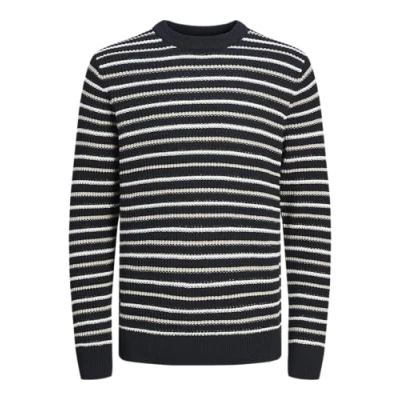 Image of JACK &amp; JONES Men&#039;s Jorbronx Knit Crew Neck Jumper, Sky Captain/Stripes: sea Salt, S