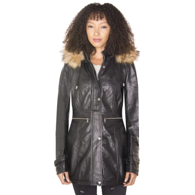 Image of Infinity Leather Womens Hooded Parka Jacket Putian Black Nappa Size 18 UK