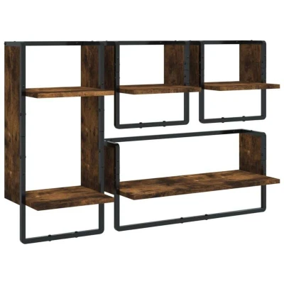 Image of vidaXL 4 Piece Wall Shelf Set with Bars Smoked Oak Engineered Wood