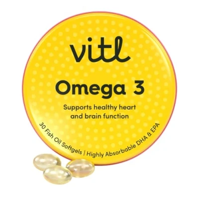 Image of Vitl Omega 3 Fish Oil Supplement 30 Easy to Swallow Softgel Capsules Support Brain &amp; Heart Health 500mg Oil, 250mg DHA 50mg EPA