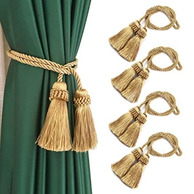 Image of Fenghuangwu 4 Pack Curtain Tiebacks Handmade Decorative Holdbacks Rope with Tassel (Gold)
