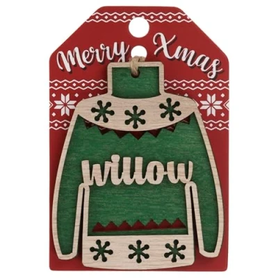 Image of Willow Name Christmas Jumper Wooden Tree Decoration Personalised Bauble Xmas Green