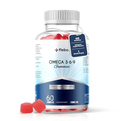 Image of Flebo Vegan Omega 3 Gummies 1 Month Supply Supports Heart,Brain &amp; Eye Health Chewable 6 9 I Natural Peach Flavour 60 Two a Day Vitamin Tasty Alternative to Fish Oil