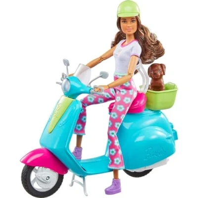 Image of Barbie Fashionistas Doll &amp; Scooter, Travel Playset with Stickers, Pet Puppy Themed Accessories Like Map Camera (Amazon Exclusive)