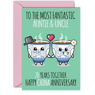 Image of Cute China Anniversary Card for Auntie &amp; Uncle 20 Years Together Happy 20th Wedding Cards Aunt, A5 Greeting Twentieth Anniversaries