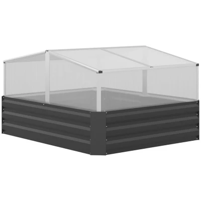 Image of Outsunny Galvanised Raised Garden Bed with Greenhouse &amp; Openable Cover Dark Grey