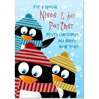 Image of doodlecards Niece and Partner Christmas Card Three Penquins Medium Size for &amp; with Plain Envelope