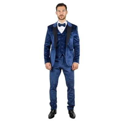 Image of Men&#039;s Suit 3 Piece Blue Velvet Paisley Shawl Collar Tailored Fit Wedding Tuxedo 46