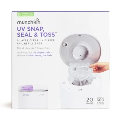 Image of Munchkin UV Snap, Seal &amp; Toss Diaper Pail Refill Bags, Holds 600 Diapers, 20 Count