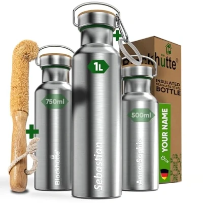 Image of Blockhuette Personalised Water Bottle Steel 1L I incl Cleaning Brush, BPA Free, Insulated Travel Flask for 13h Hot, 15h Cold Drinks, Gym, Kids, Boys, Girls Reusable, Leakproof