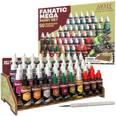 Image of The Army Painter Warpaints Fanatic Mega Set, 50 x 18 ml Acrylic Paint, incl. Skin Tones, Metallics, Effects, Washes, 1 Paint Station &amp; Brush Model for Warhammer D&amp;d Miniatures