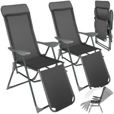 Image of TecTake® Set of 2 Sun Loungers with Adjustable Backrest &amp; Footrest, Folding Garden Chairs Durable Aluminium Frame Breathable Fabric, Lounger for Garden, Patio, Pool Anthracite