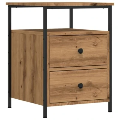 Image of vidaXL bedside cabinet/nightstand artisan oak engineered wood with 2 drawers &amp; open compartment, modern bed side table metal legs, dimensions 44x45x60 cm for living room, bedroom