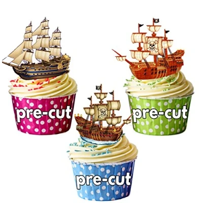 Image of AK Giftshop PRE CUT Pirate Ships Mix Edible Cupcake Toppers/Cake Decorations (Pack of 12)