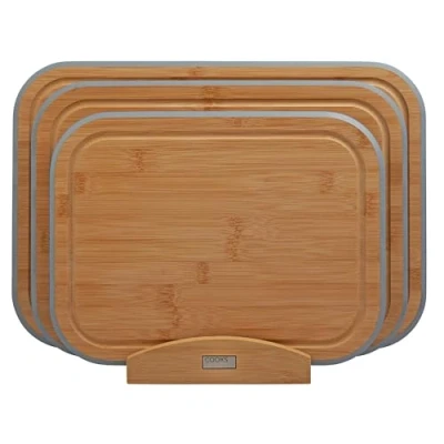Image of Cooks Professional Index Chopping Board Set of 3 Bamboo Boards with Stand Wooden Cutting for Fruit &amp; Vegetables Cooked Food Bread Grey