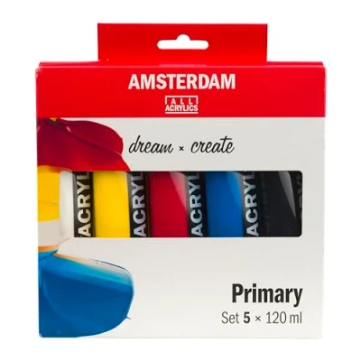 Image of Amsterdam Standard Series Acrylic Paint Set Color Theory Mixing (5 x 120 ml Tubes) Primary Colors + Black &amp; White
