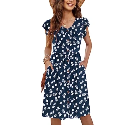 Image of MOLERANI Women Summer Dresses Ruffle Sleeve V Neck Casual Swing Elastic Waist Midi Dress with Pockets Deep Floral Navy M