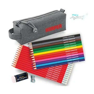Image of Personalised Marl Grey Block Pencil Case with 12 Colouring Pencils, Matching HB Pencils Erasers Plus Helix Oxford Sharpener and Eraser Printed in UK by &#039;That&#039;s My Pencil&#039; (Red)