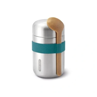 Image of BLACK+BLUM Food Flask Vacuum Insulated 304 Stainless Steel Container with Leak Proof Lid, Nylon Strap and Natural Wood Fibre Spoon Keeps Hot for 6 hrs, Cold 8 Ocean Blue 400ml