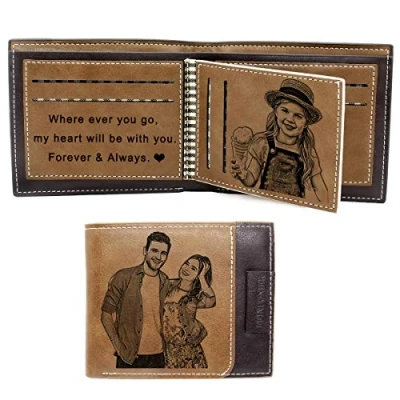 Image of Personalised Wallets for Men Photo,Custom Trifold Wallet,Engraved Photo Wallet Woman (Brown)