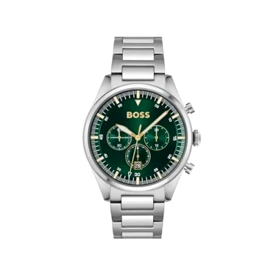 Image of BOSS Pioneer Chronograph watch silvercoloured/green, Men&#039;s, Size: One Size, Silver coloured/green
