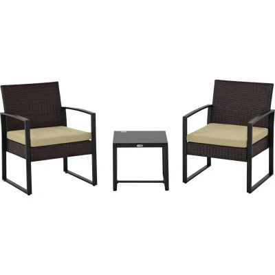 Image of Outsunny 3 Pieces Rattan Bistro Set, Wicker Garden Furniture Set with Glass Top Coffee Table and Chairs, Washable Cushions for Outdoor, Patio, Balcony, Beige